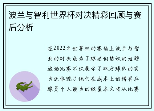 波兰与智利世界杯对决精彩回顾与赛后分析